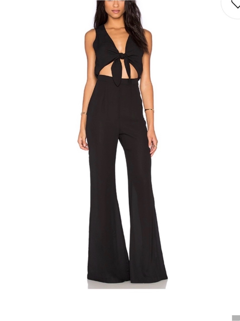 Show Me Your MuMu Black Tie-Front Boot Flare Jumpsuit Size Small Ties on Front